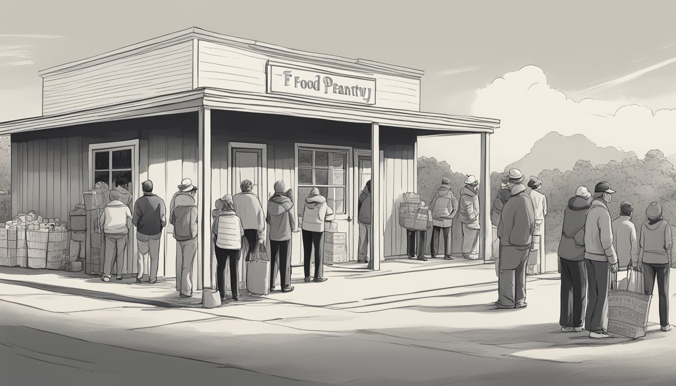 A line of people waits outside a small food pantry in a rural Texas town, while volunteers hand out bags of groceries to those in need