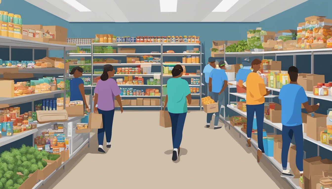 A bustling food pantry in Terrell County, Texas, with shelves stocked full of free groceries and volunteers assisting those in need