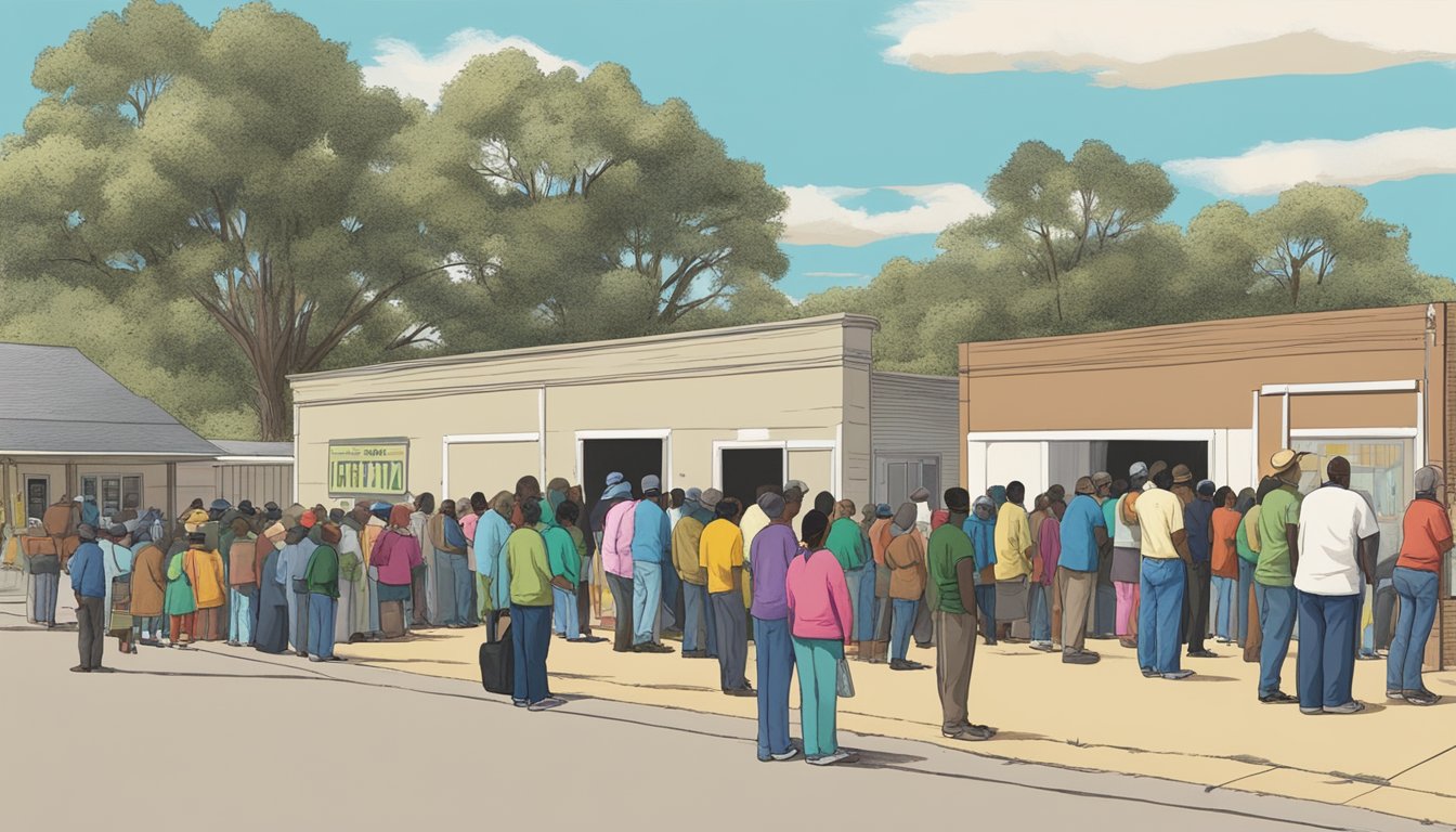 People lining up outside a food pantry in Terrell County, Texas, waiting to receive free groceries and food assistance