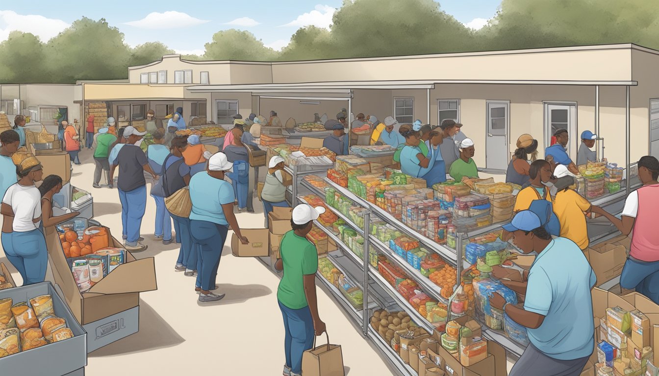 A bustling food pantry in Terrell County, Texas, with volunteers distributing free groceries to those in need