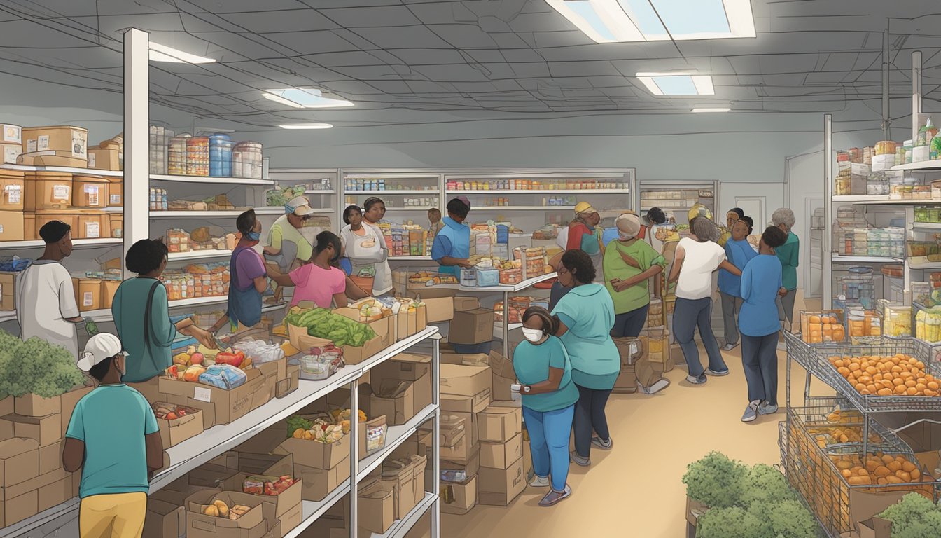 A bustling food pantry in Terrell County, Texas, with volunteers distributing free groceries to those in need