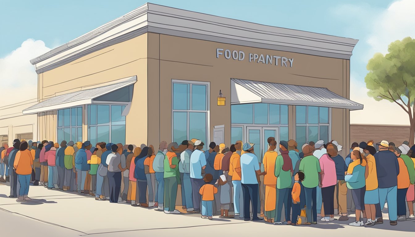 A line of people waiting outside a food pantry in Terrell County, Texas, with volunteers distributing free groceries