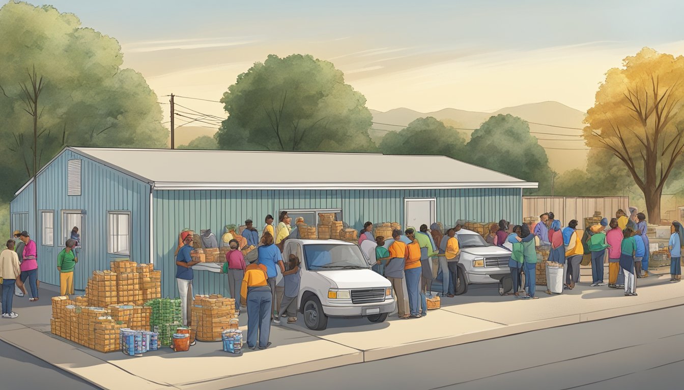 A bustling food assistance center in Terrell County, Texas, with volunteers distributing free groceries and pantry items to those in need