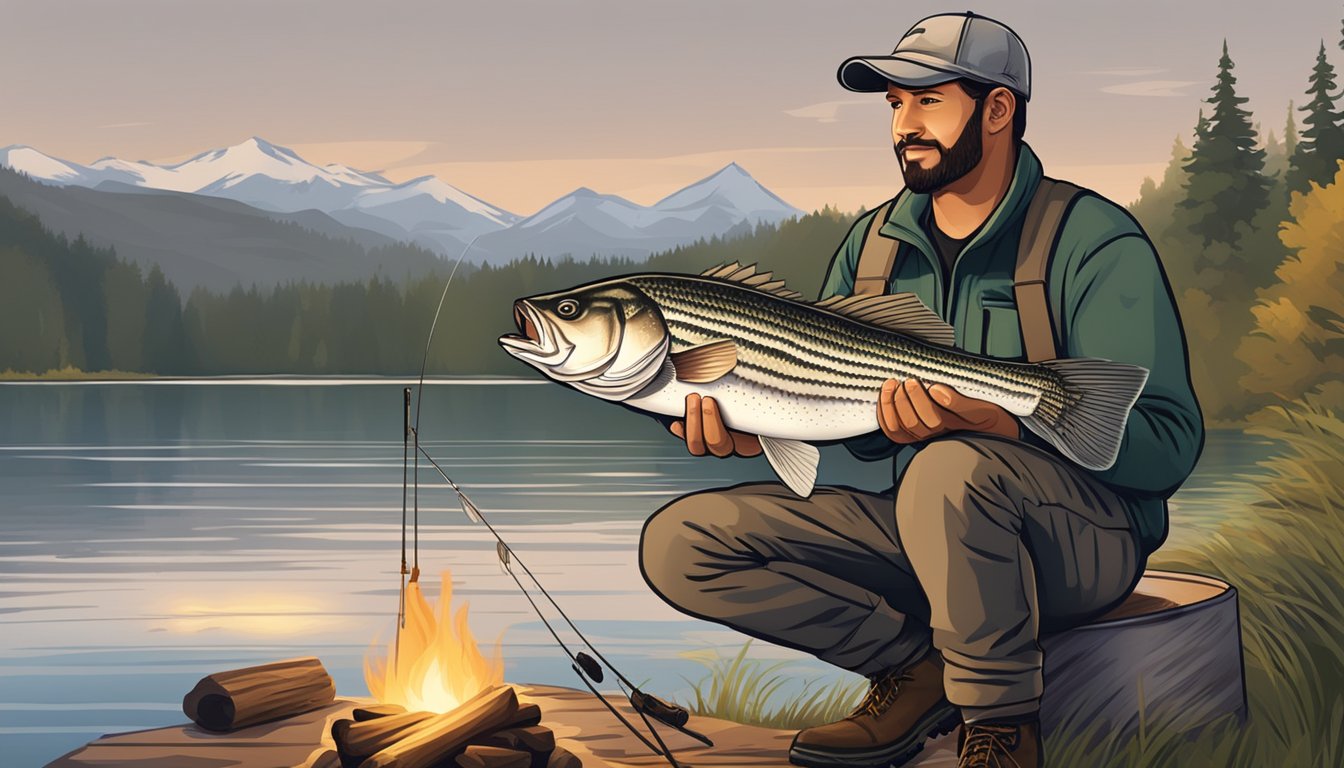 A fishing guide holding a freshly caught hybrid striped bass, preparing to cook it over a campfire by a serene lakeside