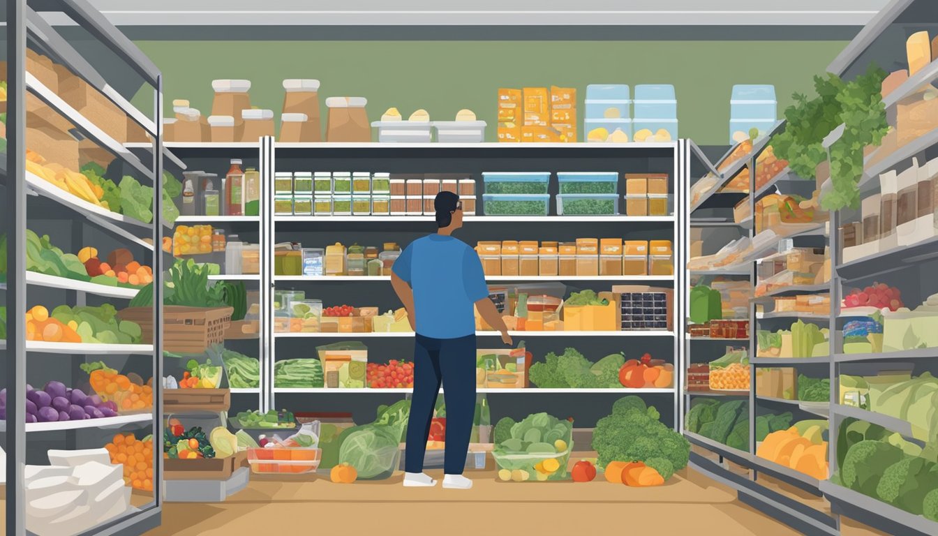 A bustling food pantry in Terrell County, Texas, with shelves stocked full of fresh fruits, vegetables, and nutritional foods. People in need gather to receive free groceries, promoting healthy eating