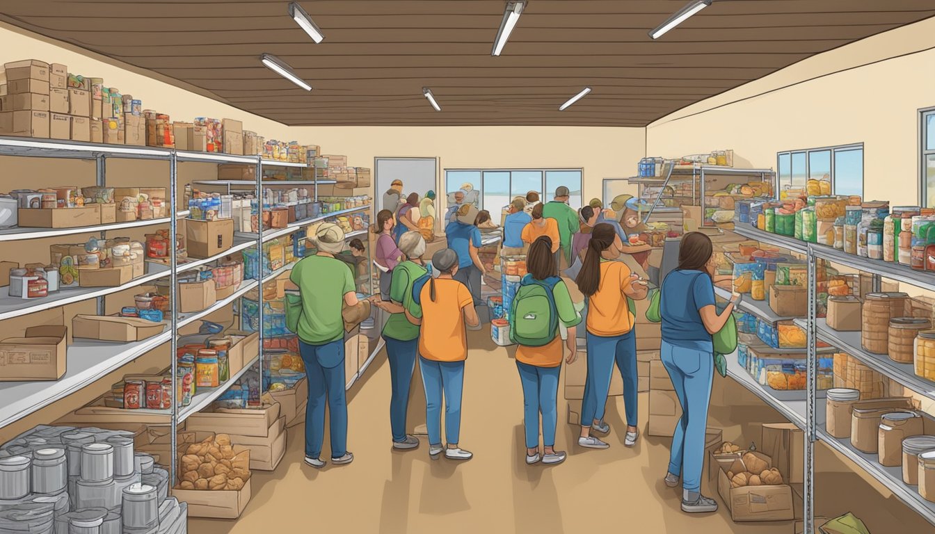 A bustling food pantry in Winkler County, Texas, with volunteers distributing free groceries to those in need