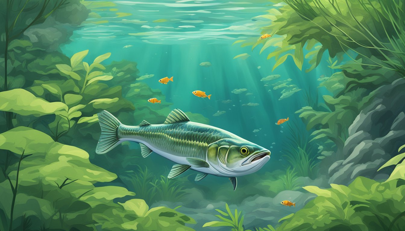 A saugeye swims in a clear, rocky river, surrounded by lush green vegetation and small fish. It lunges forward, catching a smaller fish in its sharp teeth