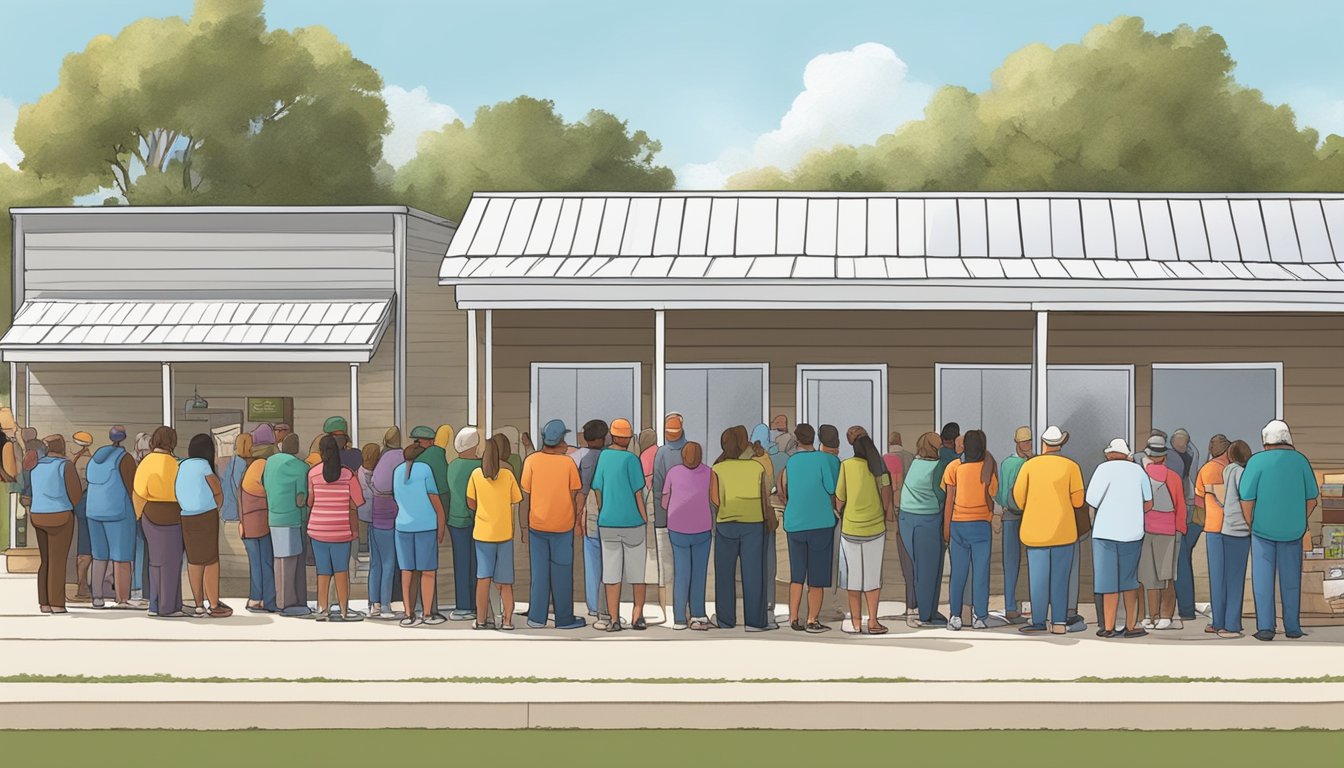 A line of people waits outside a food pantry in Terry County, Texas, as volunteers distribute free groceries to those in need