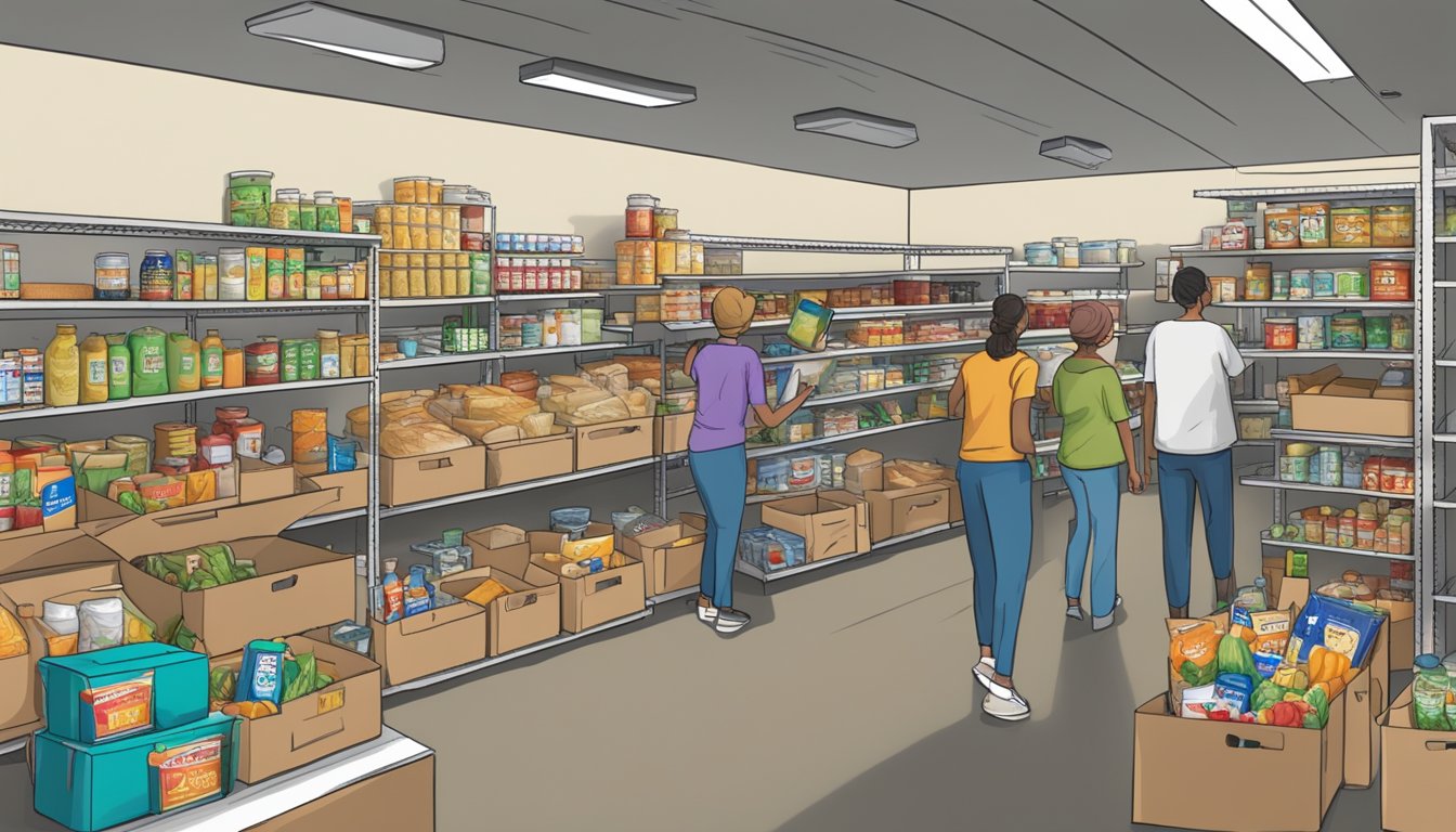 A bustling food pantry in Terry County, Texas, with shelves stocked full of free groceries and volunteers assisting those in need