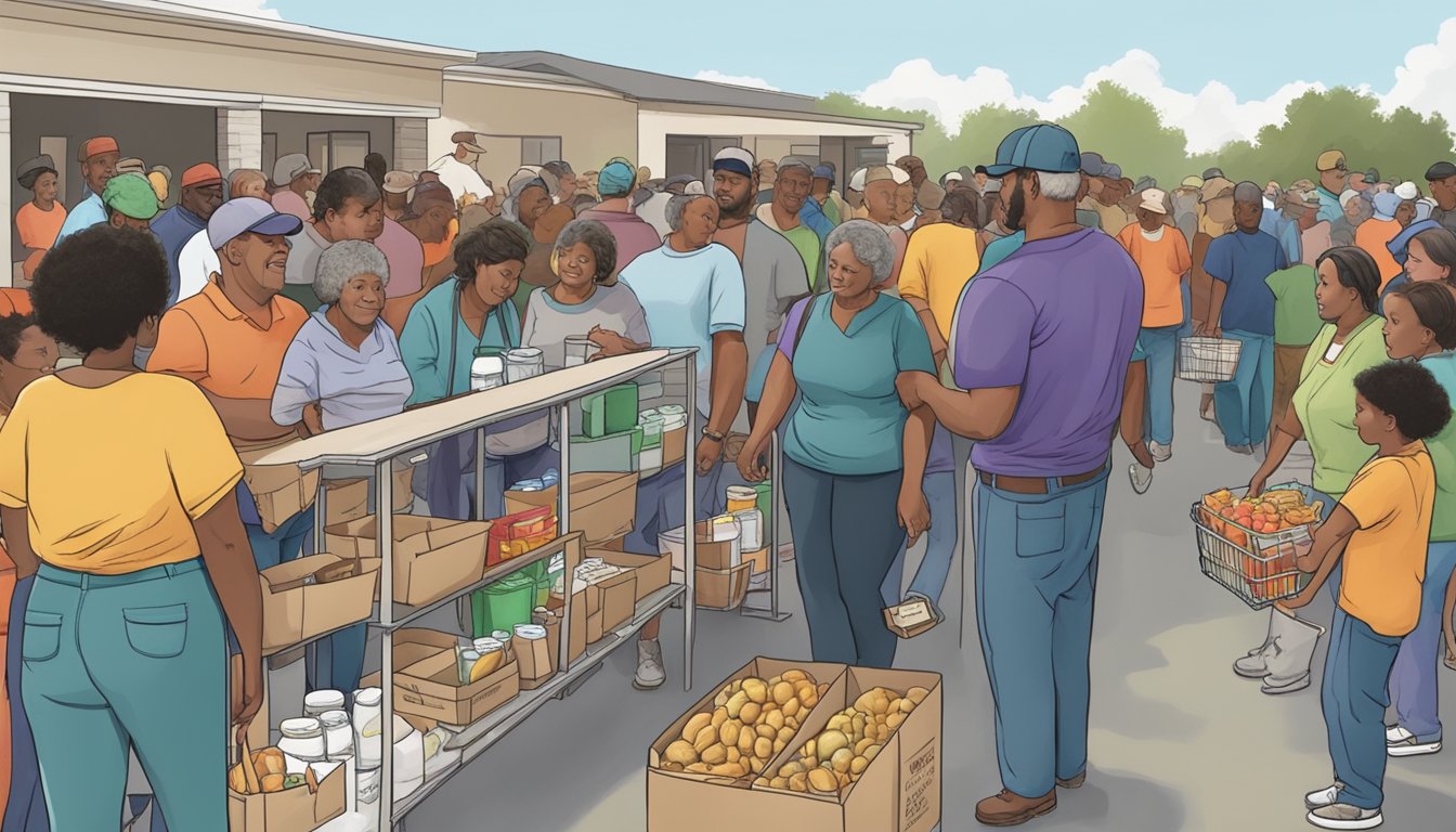 People in line at a food pantry in Terry County, Texas, receiving free groceries and food assistance