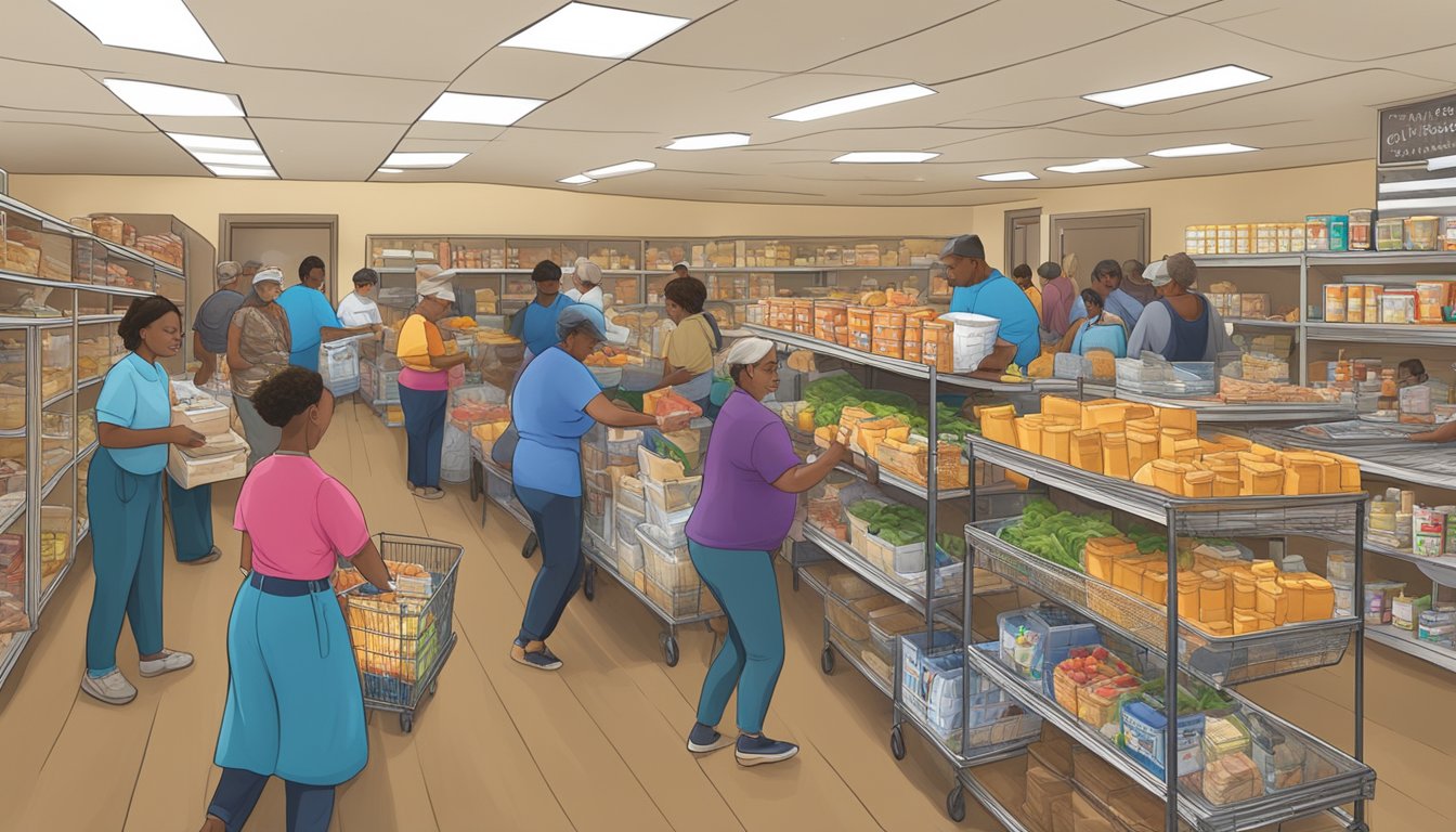 A bustling food pantry in Wood County, Texas, with volunteers distributing free groceries to those in need