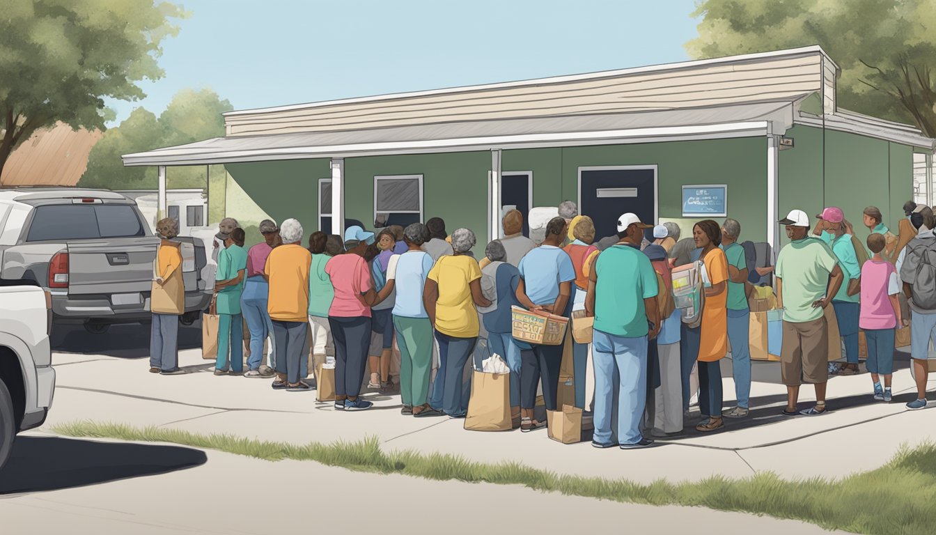 A line of people waiting outside a food pantry in Terry County, Texas, with volunteers distributing groceries and providing additional support