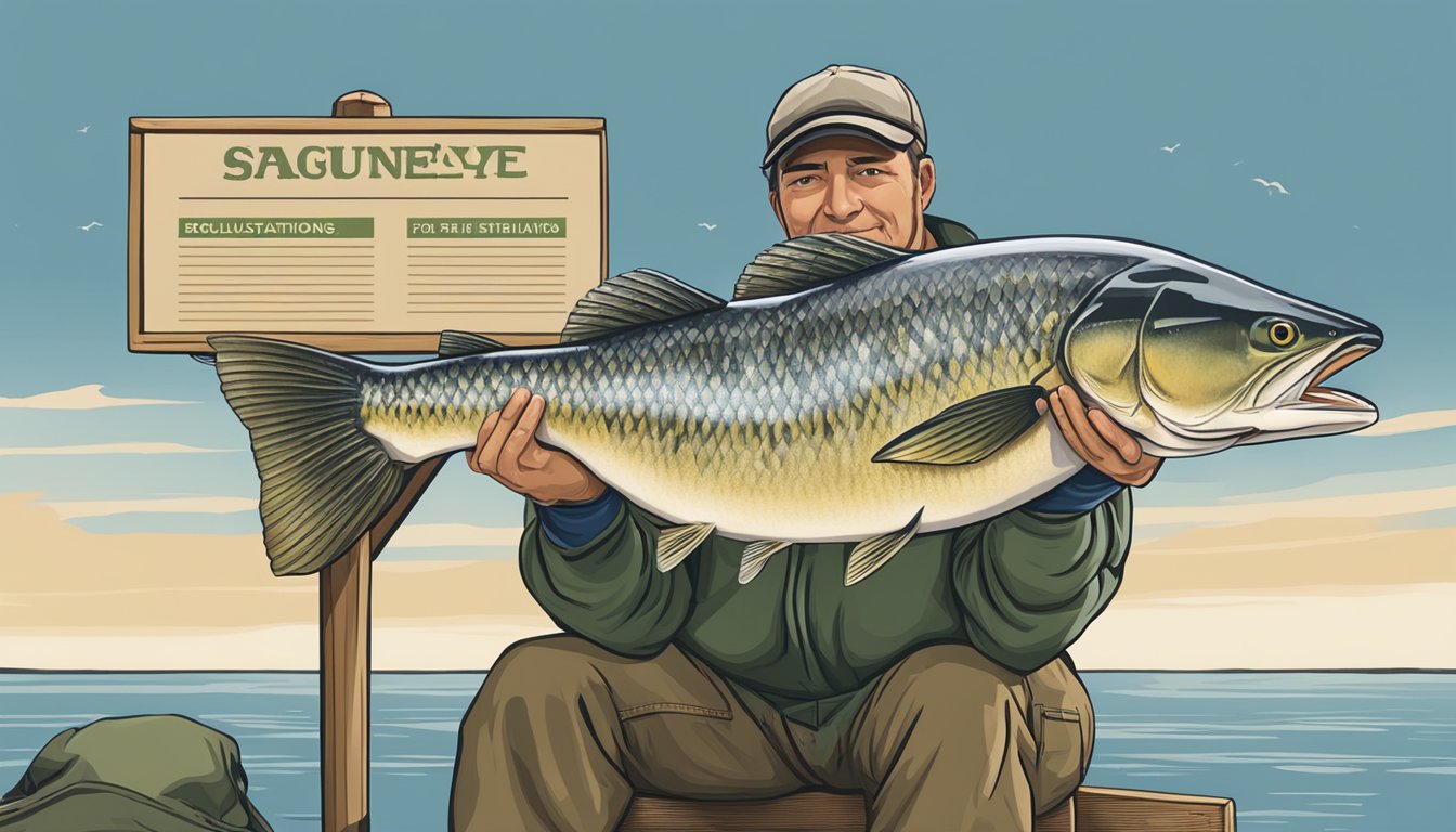 A fisherman holding a freshly caught saugeye beside a sign displaying regulations for catch and conservation