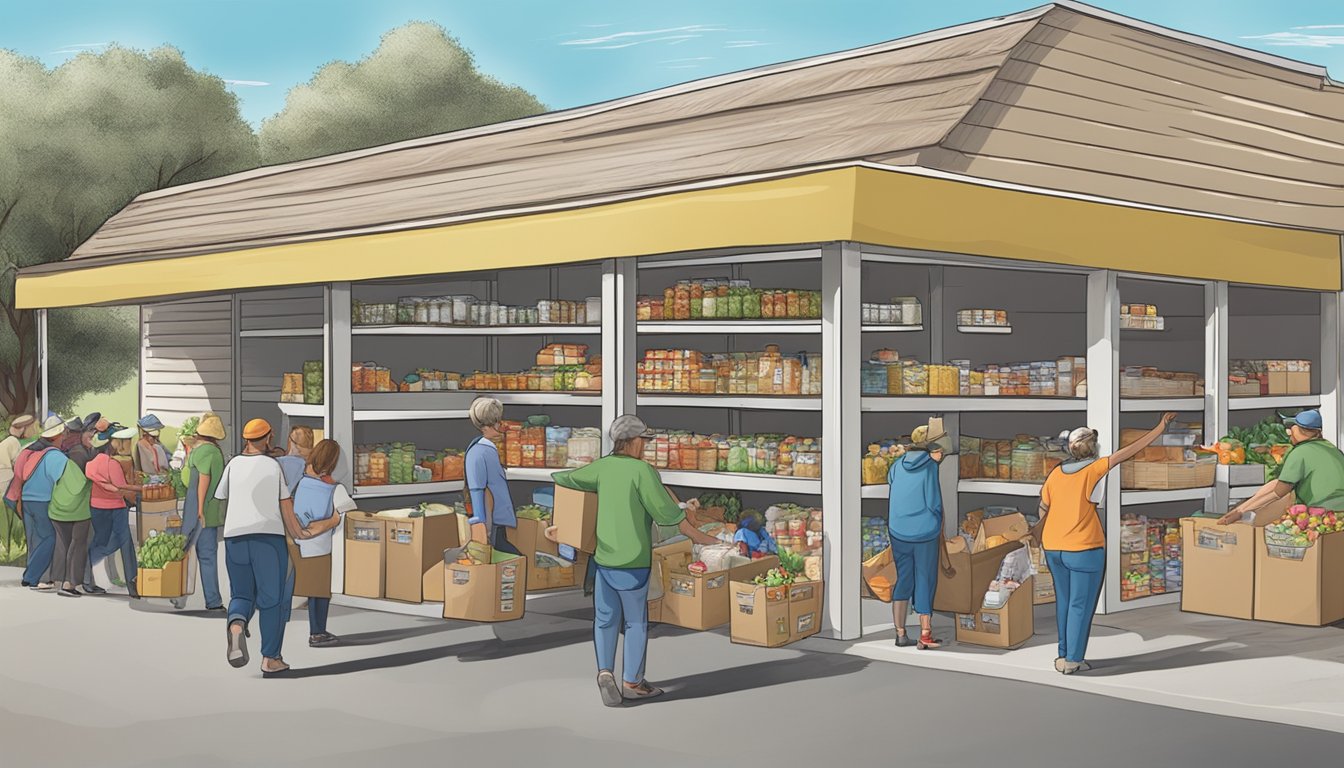 A bustling food pantry in Terry County, Texas, with volunteers handing out groceries to those in need