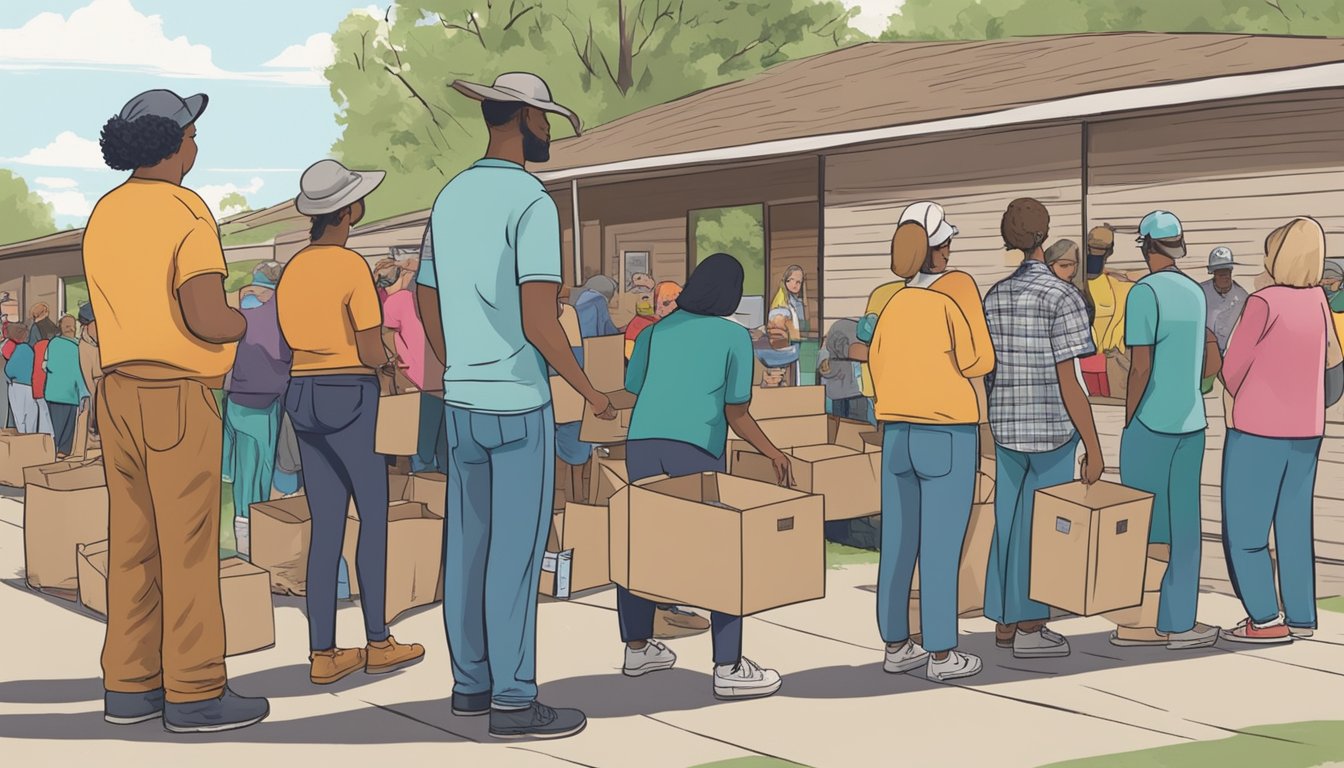 A line of people wait outside a food pantry in Wood County, Texas, with boxes of groceries being handed out to those in need