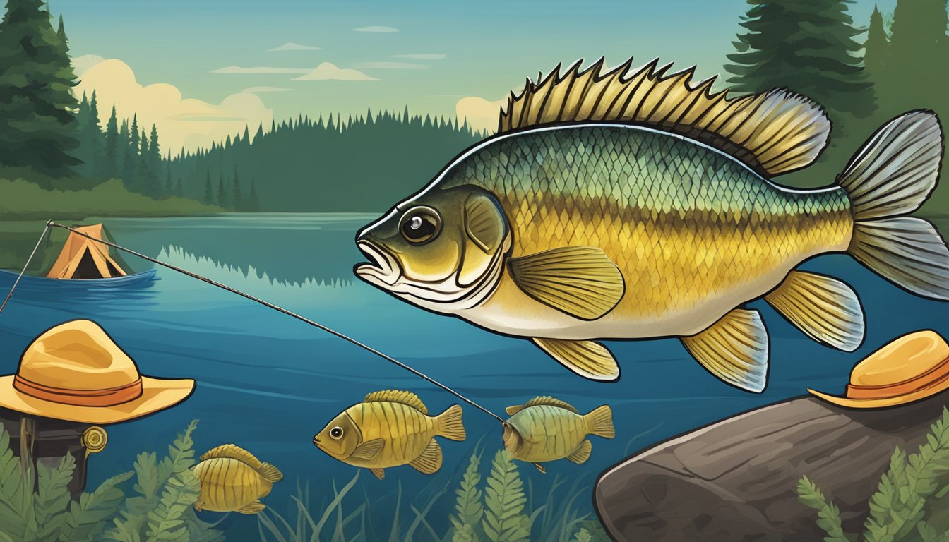 A bluegill swimming near a fishing line with a worm, a person holding a fishing rod, and a bluegill being cooked over a campfire