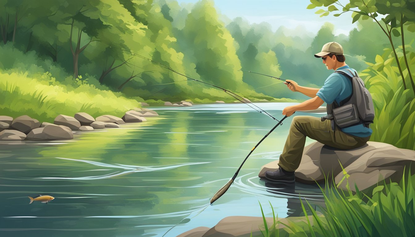 A serene riverbank with a fishing rod and a freshly caught grayling, surrounded by lush greenery and a clear, flowing stream