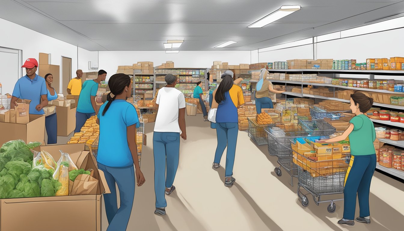 A bustling food pantry in Wood County, Texas, with volunteers distributing free groceries to those in need