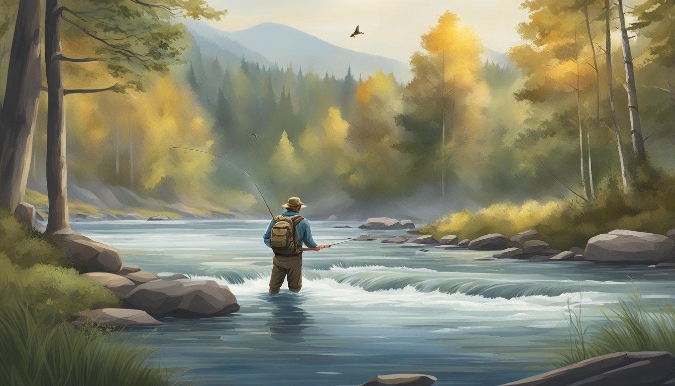 A serene river with a fly fisherman casting into the water, a grayling leaping out of the water, and a bear catching and eating a grayling on the riverbank