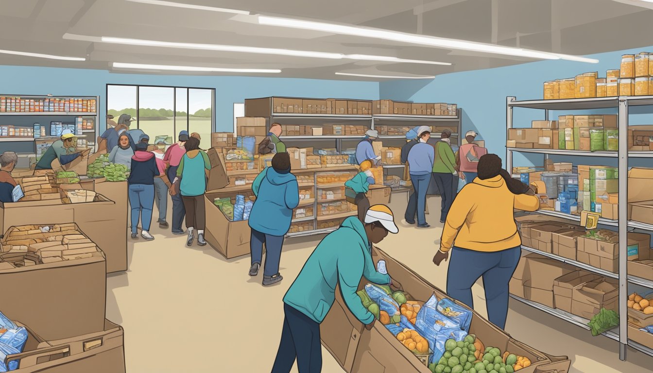 A bustling food pantry in Wood County, Texas, with volunteers distributing free groceries to those in need