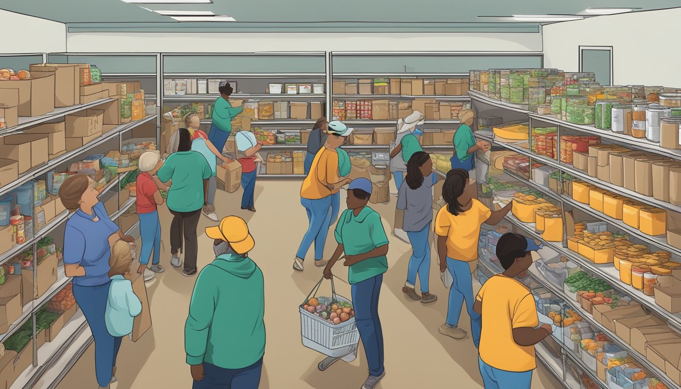 A bustling food pantry in Wood County, Texas, with volunteers distributing free groceries to those in need