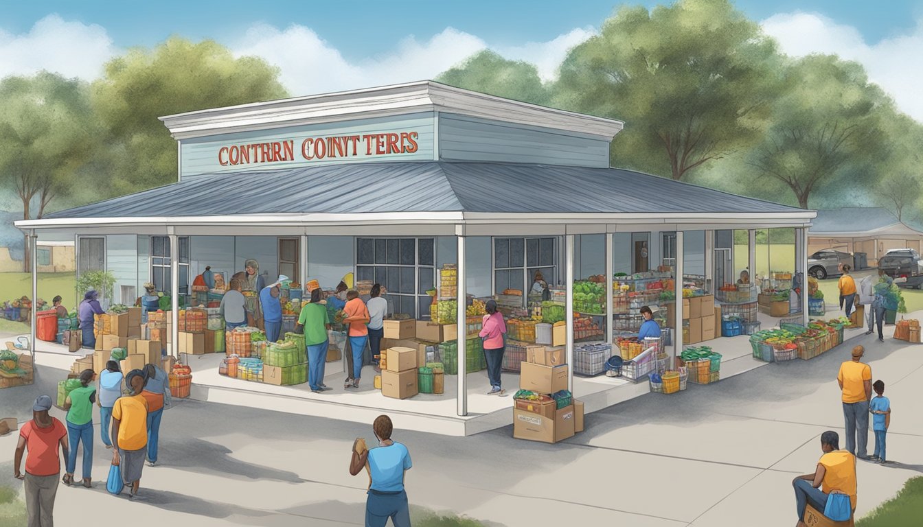 A bustling community center in Terry County, Texas, with food pantries and educational resources, where volunteers distribute free groceries to those in need