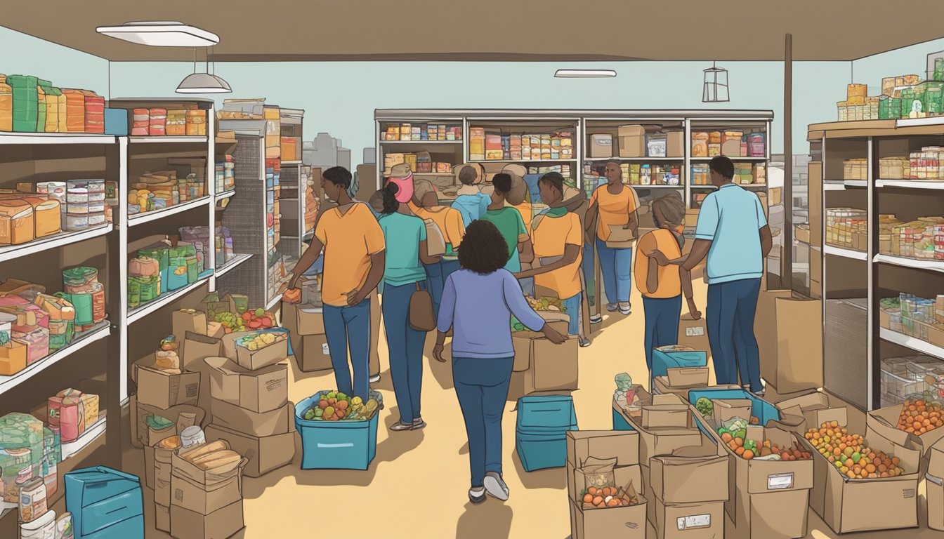 A bustling food pantry in Wood County, Texas, with volunteers distributing free groceries to those in need, creating a sense of community welfare