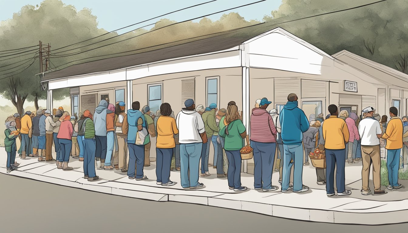 A line of people wait outside a food pantry in Terry County, Texas, as volunteers distribute free groceries and government aid to those in need