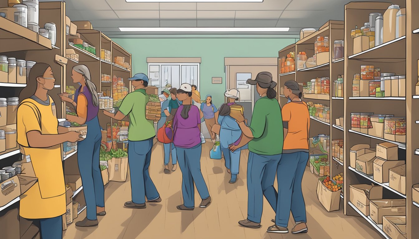 A bustling food pantry in Wood County, Texas, with volunteers distributing free groceries to those in need