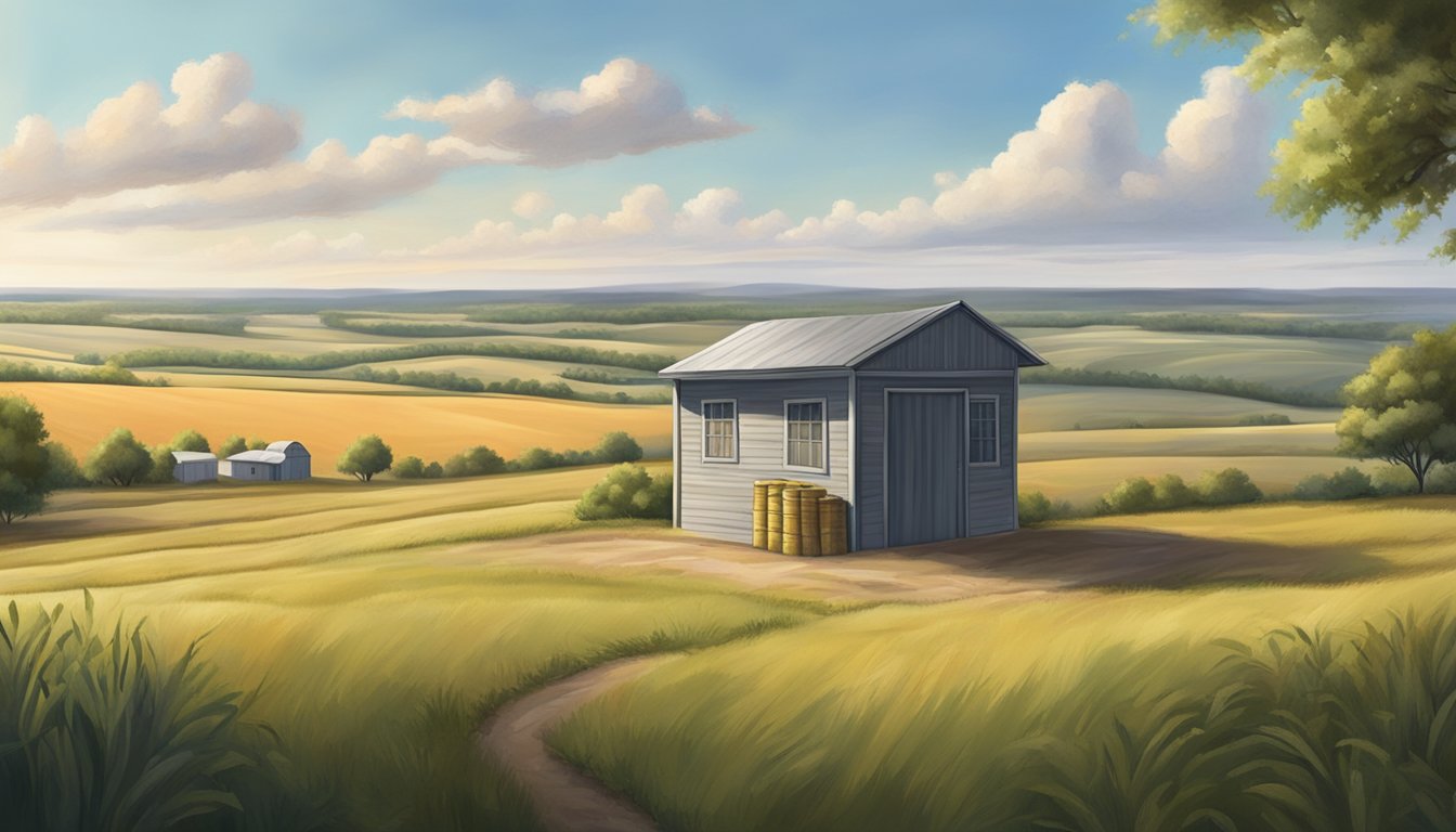 A rural landscape with a small food pantry surrounded by fields and a distant town in Terry County, Texas