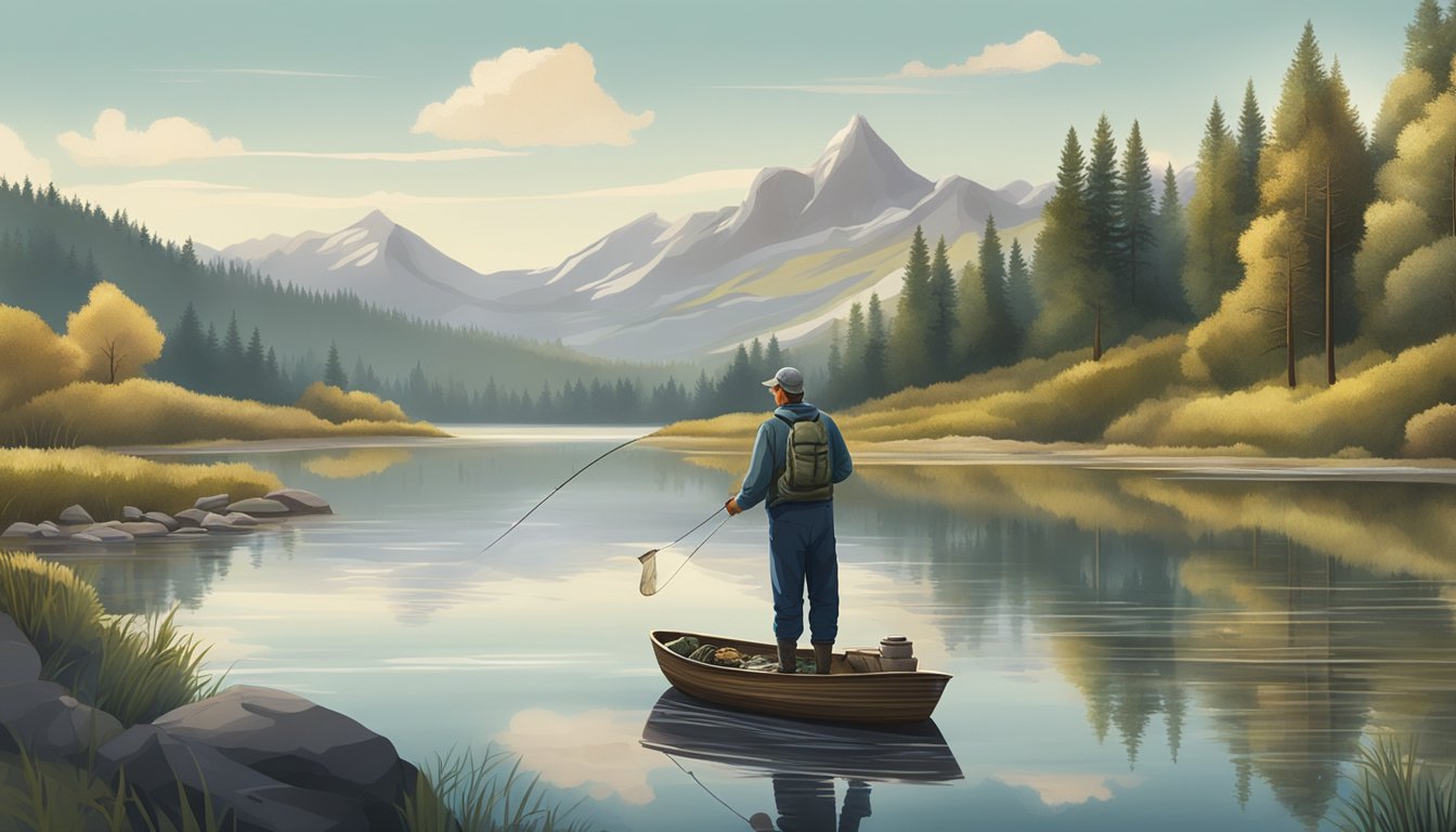 A fisherman holds a freshly caught grayling, surrounded by a serene river landscape with trees and mountains in the background