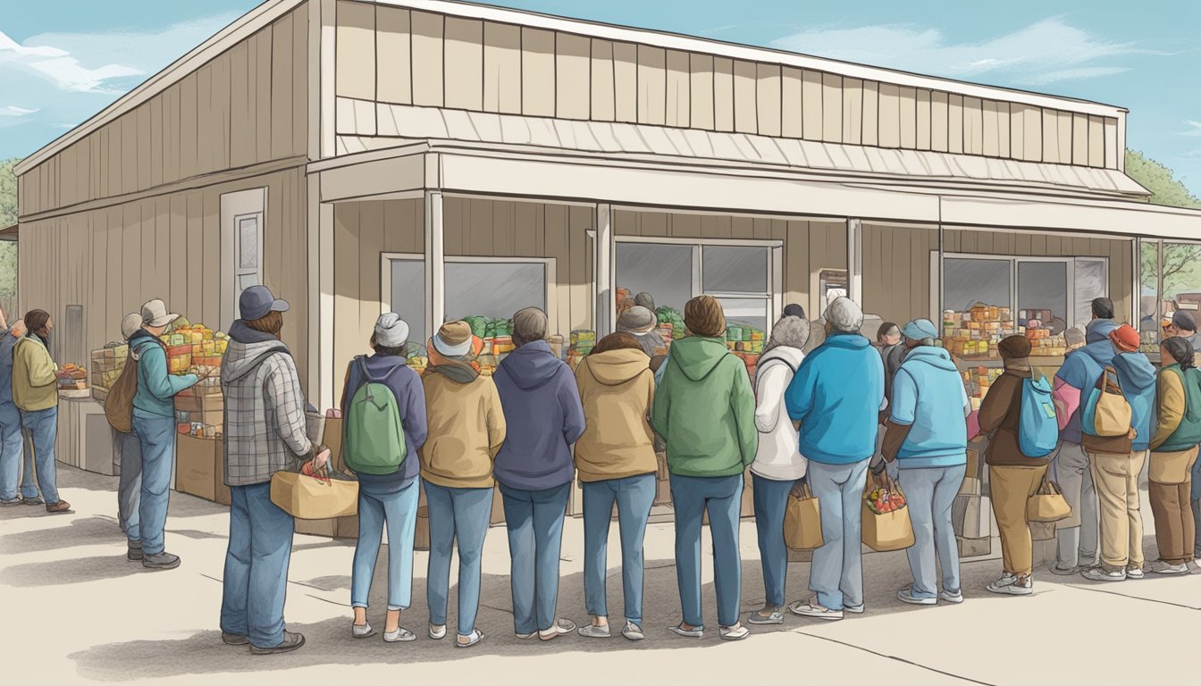 A line of people waits outside a food pantry in Young County, Texas, as volunteers hand out free groceries to those in need