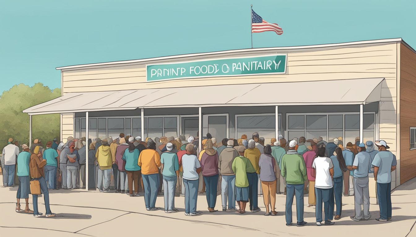 A line of people waiting outside a food pantry in Throckmorton County, Texas, with volunteers distributing free groceries to those in need