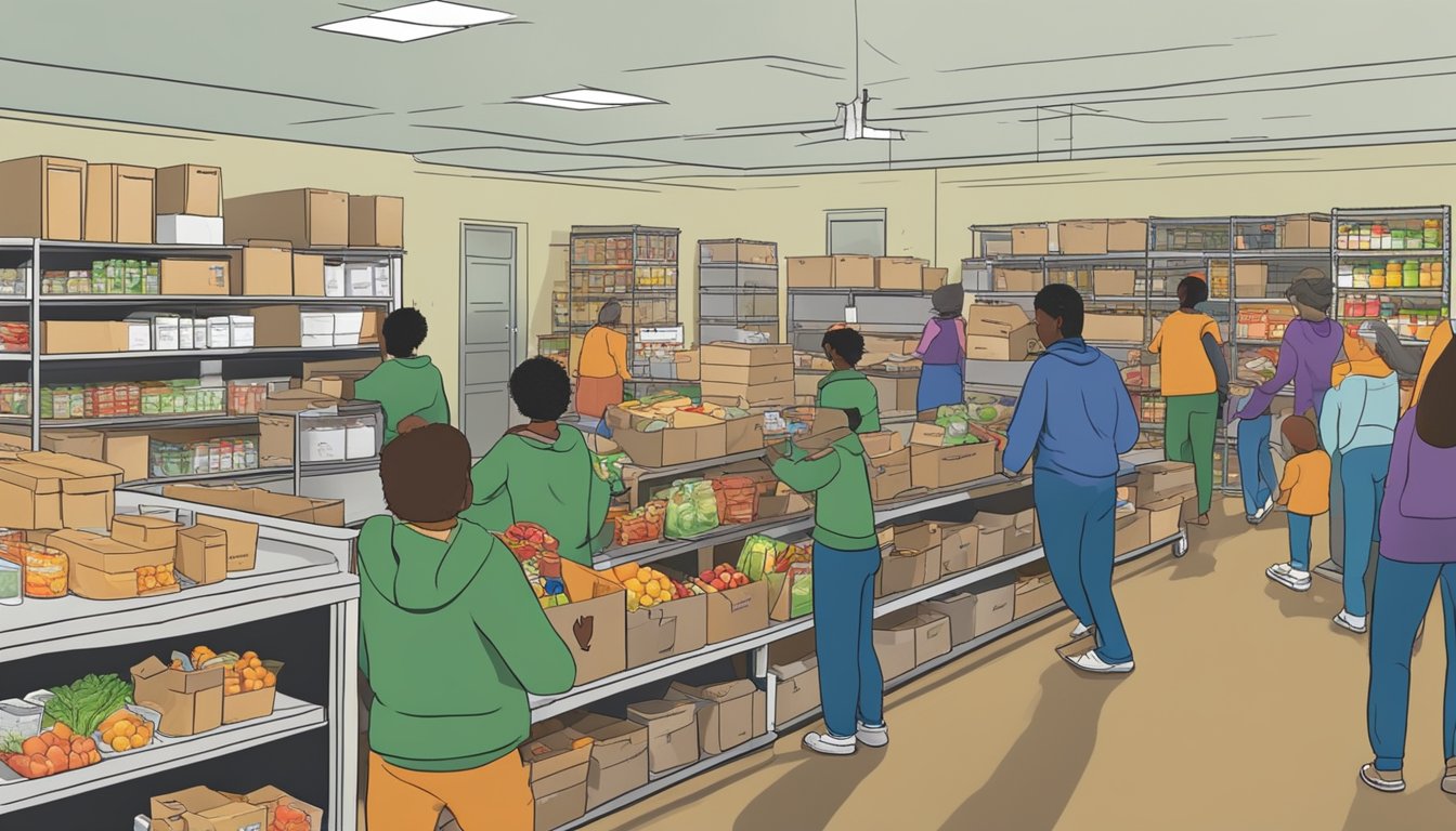 A bustling food pantry in Young County, Texas, with volunteers distributing free groceries to those in need