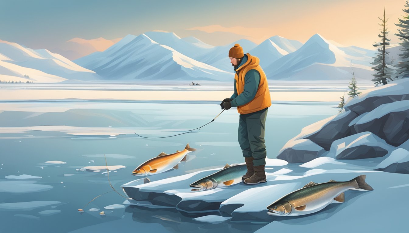 A serene arctic landscape with a frozen lake, a solitary figure ice fishing, and a catch of arctic char being prepared for a meal