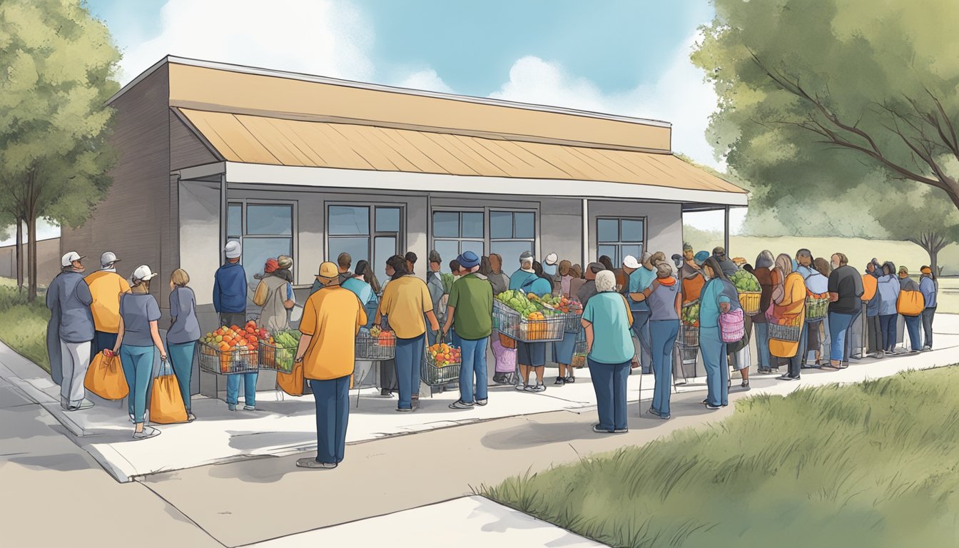 A line of people waits outside a local food pantry in Young County, Texas. Volunteers hand out bags of free groceries to those in need