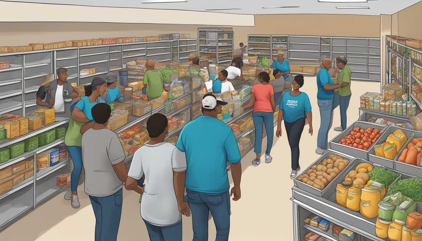 A bustling food pantry in Throckmorton County, Texas, with volunteers distributing free groceries to those in need