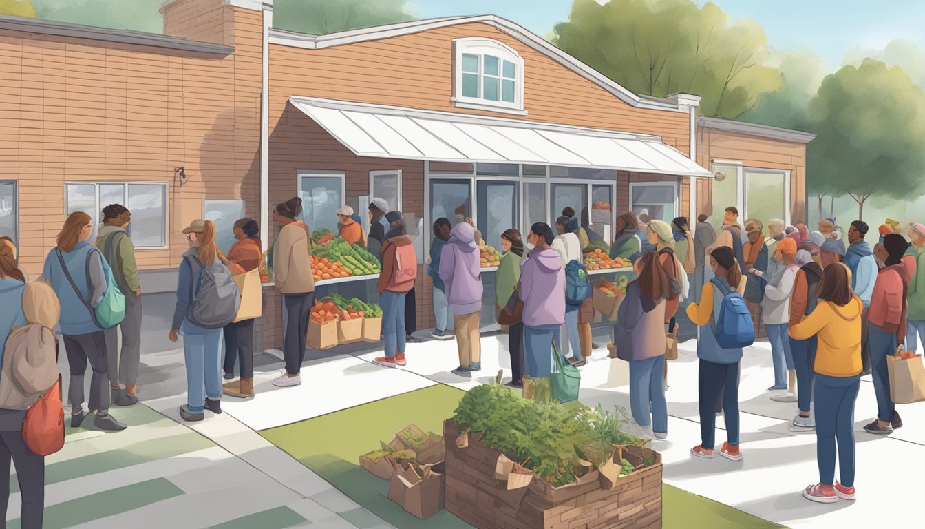 A line of people wait outside a food pantry, with volunteers handing out bags of groceries