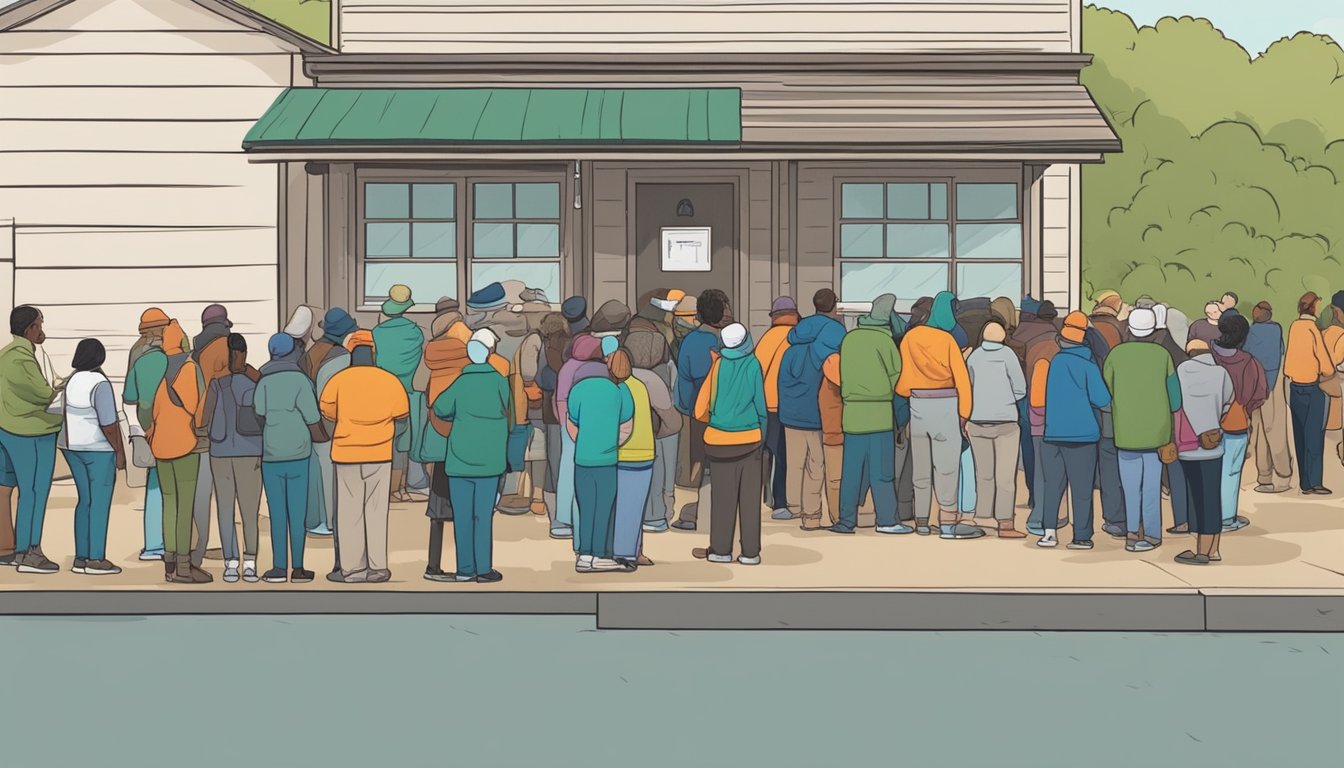 A line of people wait outside a food pantry in Throckmorton County, Texas. Volunteers hand out free groceries to those in need