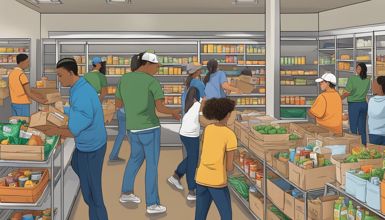 A bustling food pantry in Throckmorton County, Texas, with volunteers distributing free groceries to those in need