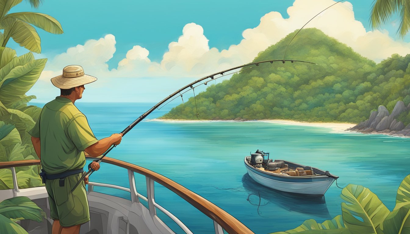 A fisherman on a boat reeling in a large grouper with a picturesque tropical coastline in the background