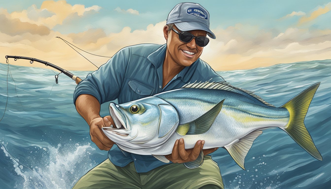 A fisherman reeling in a pompano from the water, with a conservation sign in the background