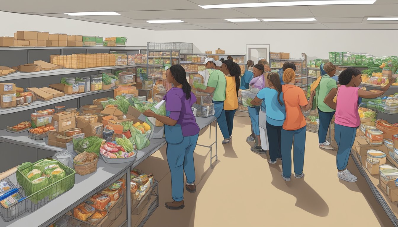 A bustling food pantry in Titus County, Texas, with volunteers distributing free groceries to those in need