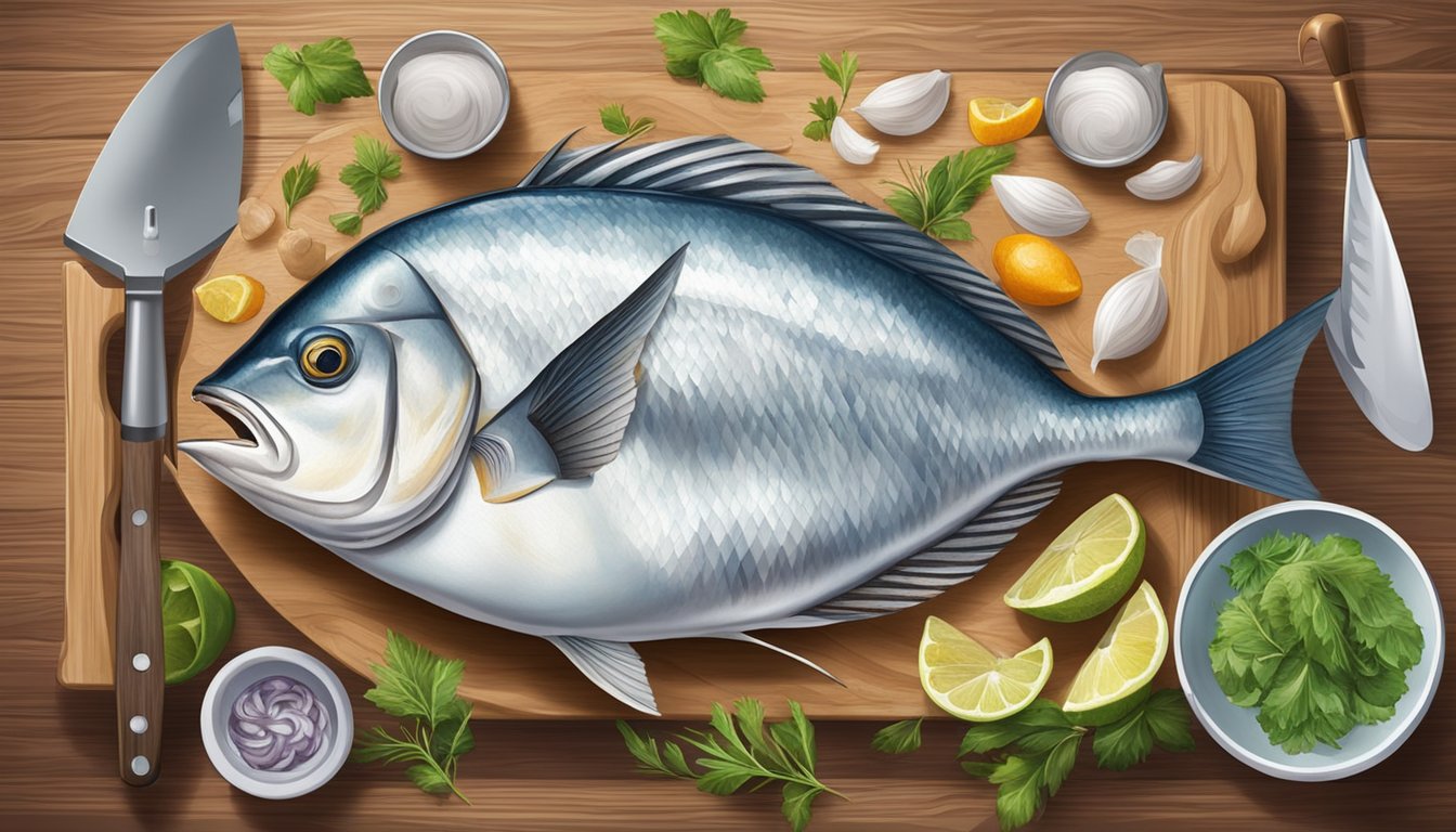 A fisherman cleans and fillets a freshly caught pompano on a wooden cutting board, surrounded by various cooking utensils and ingredients