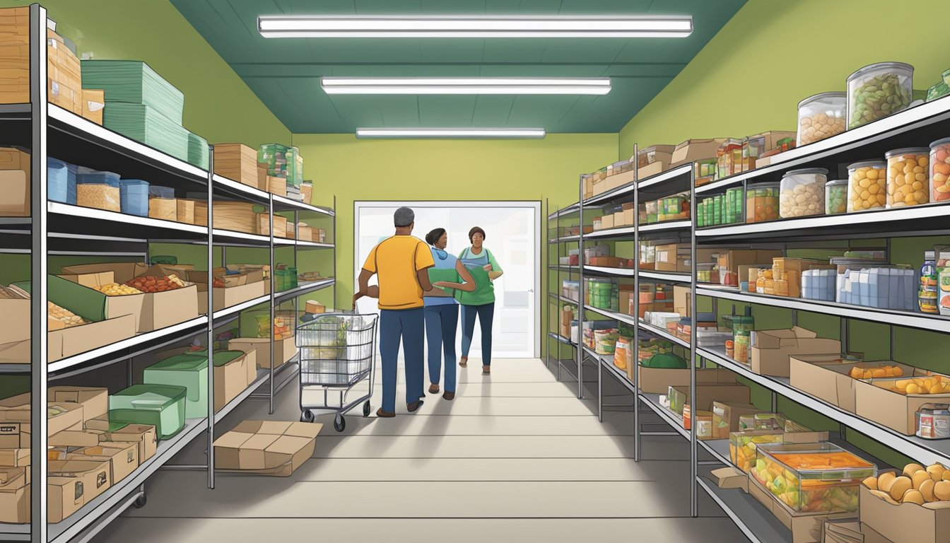 A bustling food pantry in Titus County, Texas, with shelves stocked full of groceries and volunteers assisting those in need