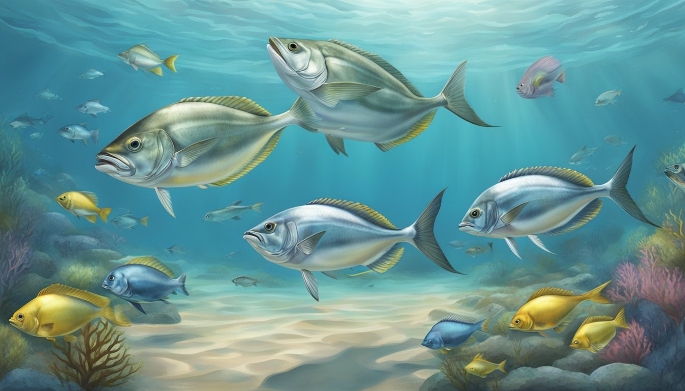 Pompano and its relatives swimming in a school, catching and devouring a smaller fish