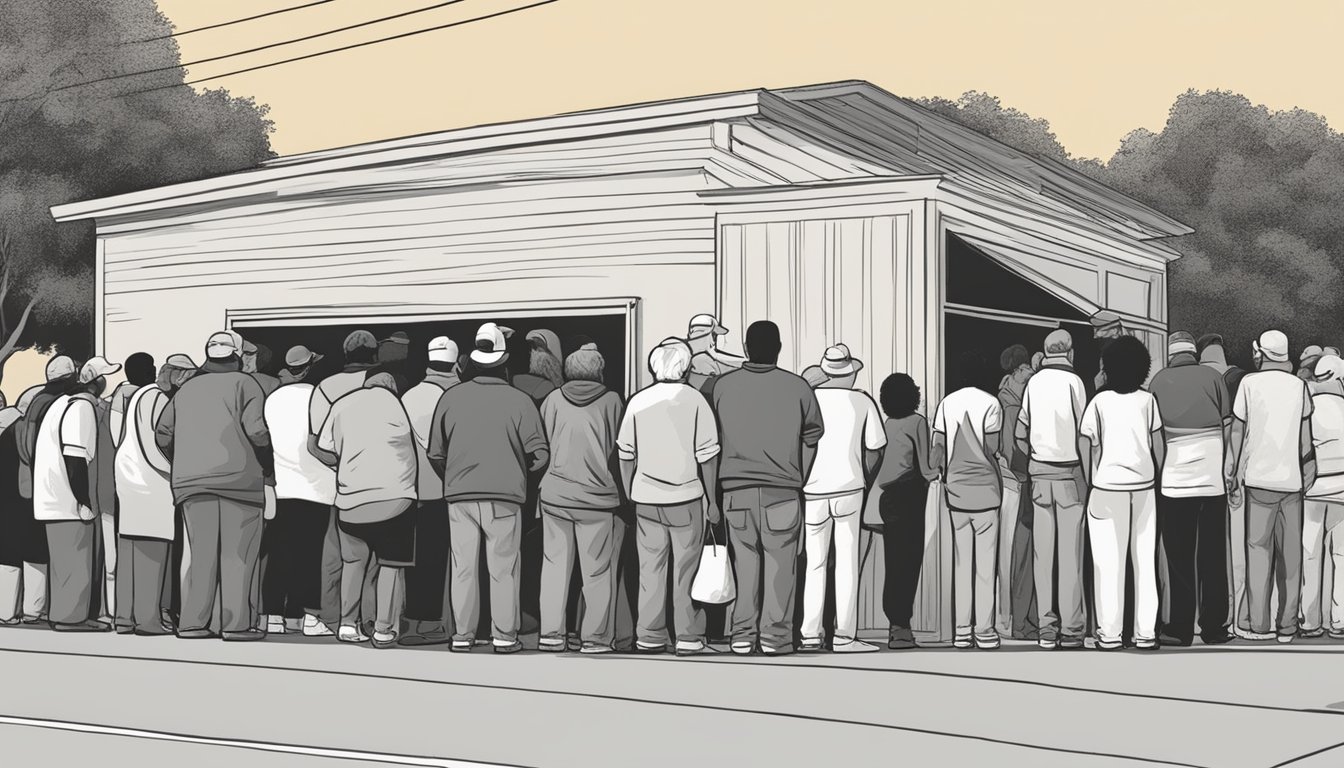 A line of people wait outside a food pantry in Titus County, Texas. Volunteers distribute bags of groceries to those in need