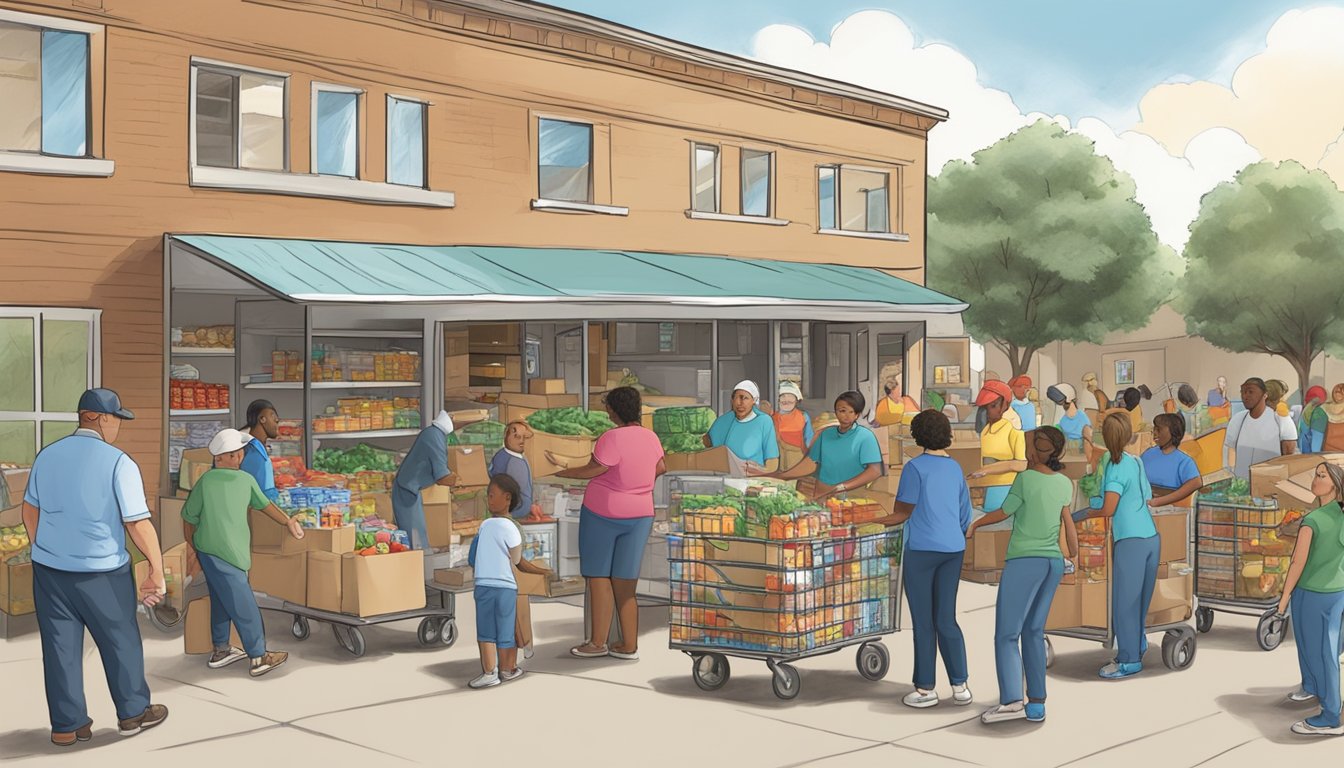 A bustling food pantry in Young County, Texas, with volunteers distributing free groceries to those in need