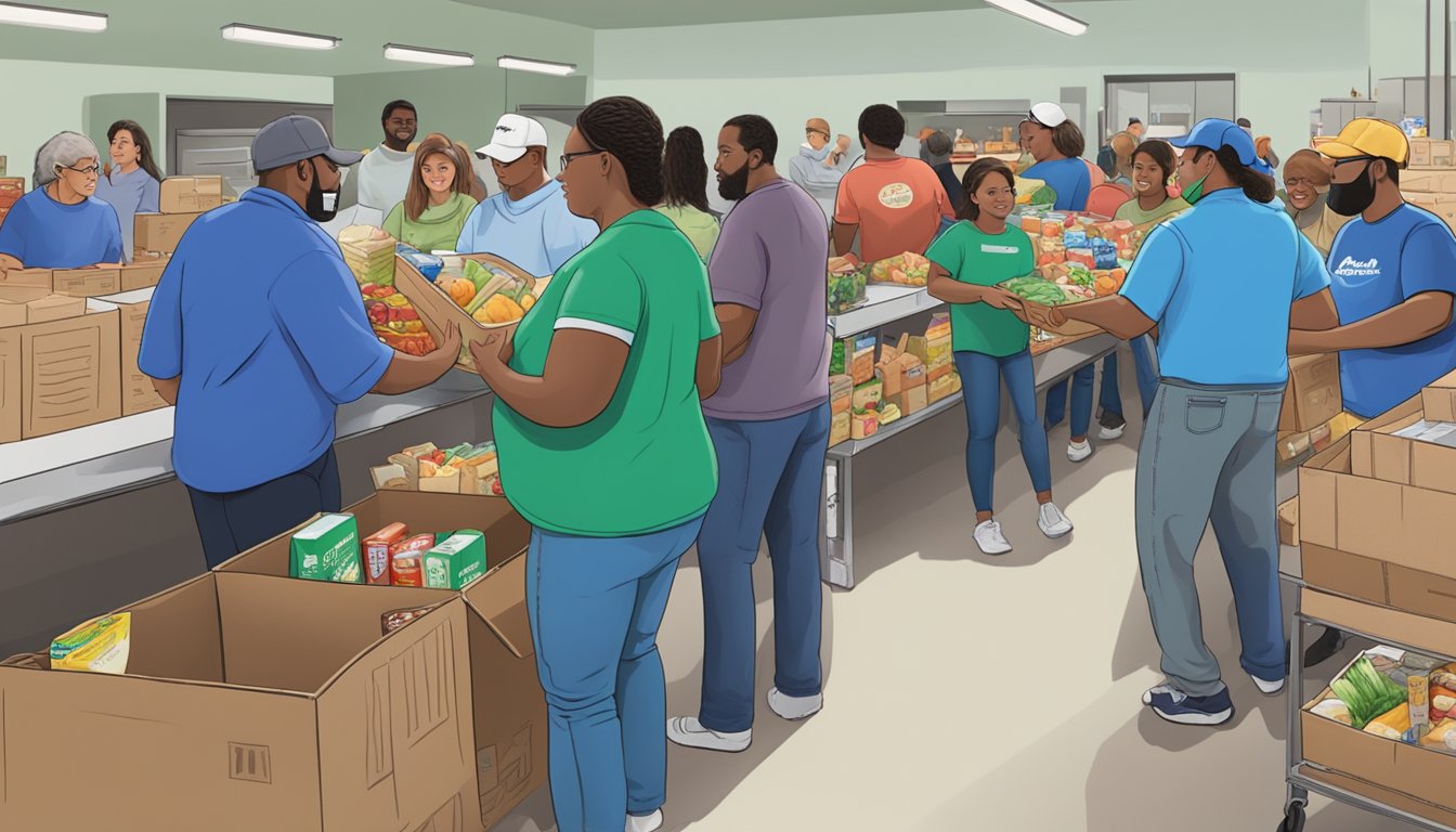 A bustling food pantry in Titus County, Texas, with volunteers distributing free groceries to those in need