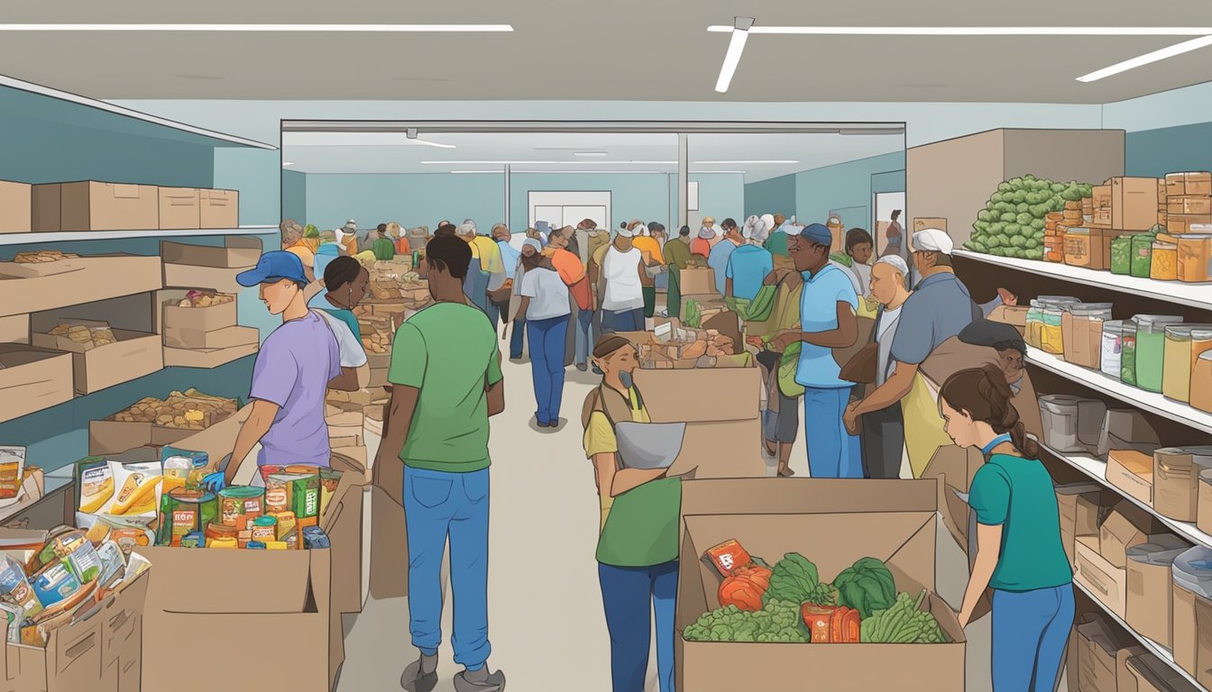 A bustling food pantry in Titus County, Texas, with volunteers distributing free groceries to those in need